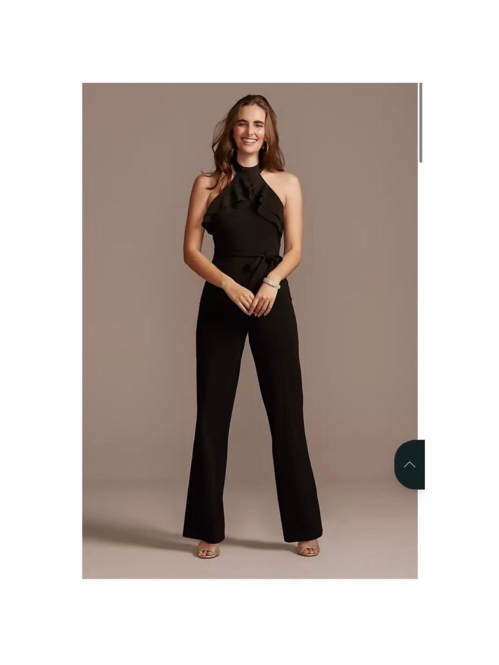 Bebe High neck double ruffle halter jumpsuit with sash